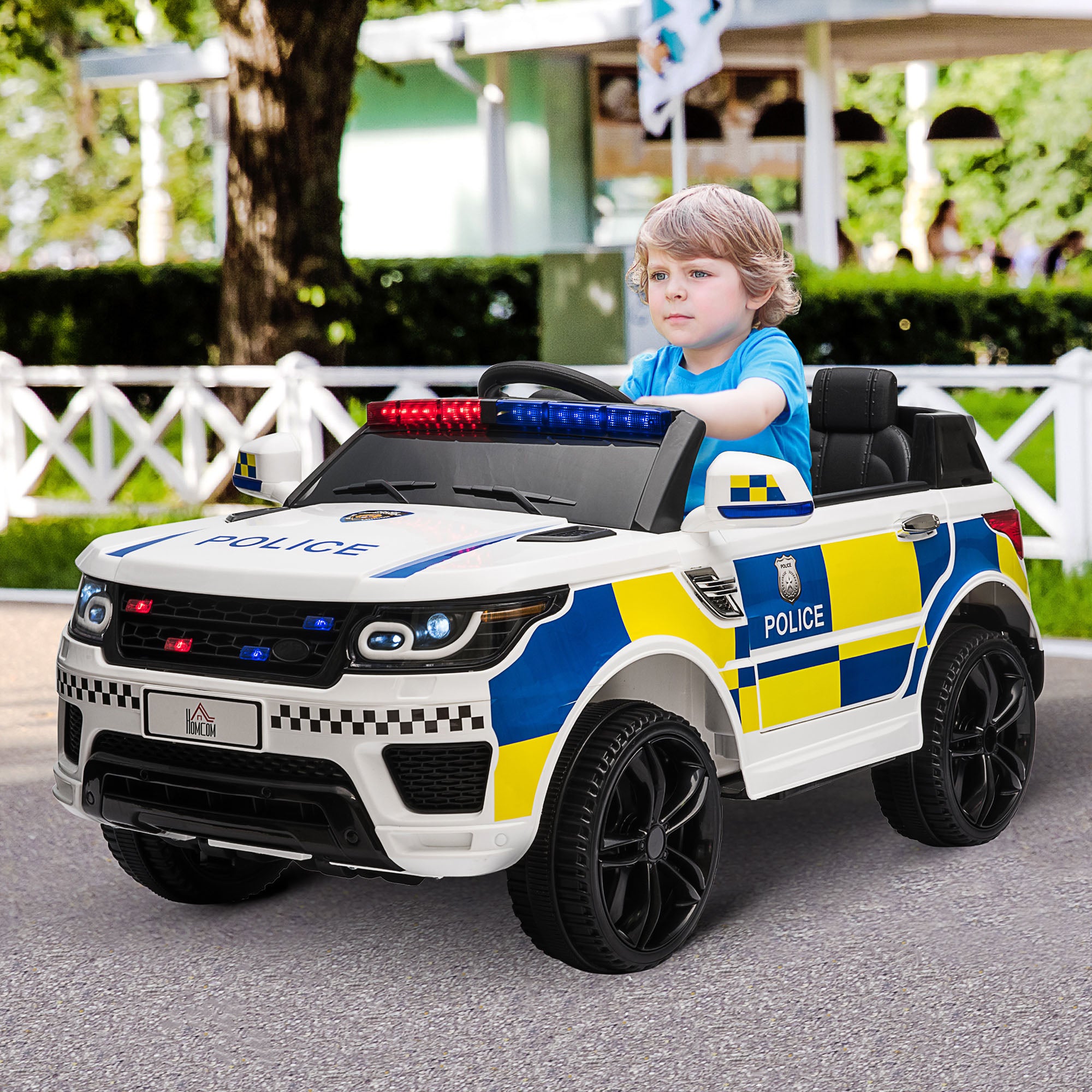 Electric Car for Kids in Police Design, 12V Battery and Remote Control, Siren Lights USB Connection for Music, 110x68x52cm, White