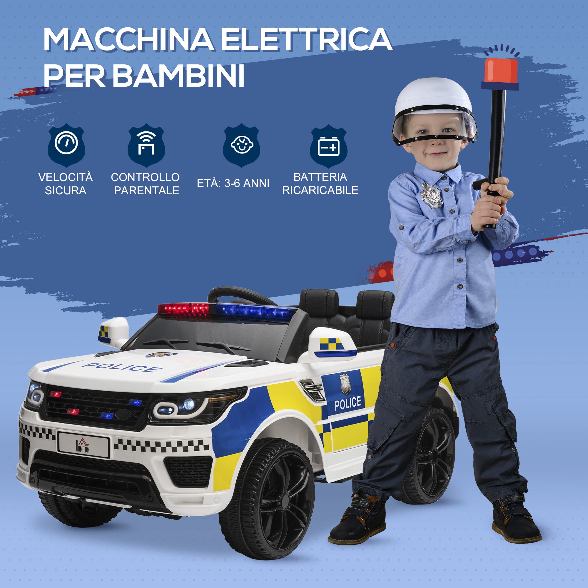 Electric Car for Kids in Police Design, 12V Battery and Remote Control, Siren Lights USB Connection for Music, 110x68x52cm, White