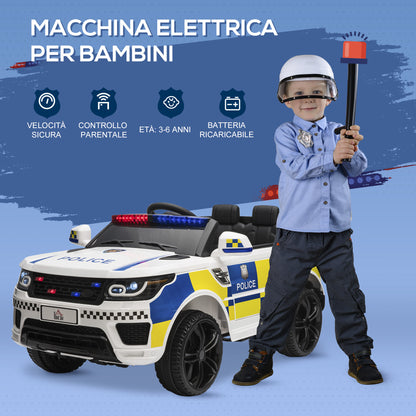Electric Car for Kids in Police Design, 12V Battery and Remote Control, Siren Lights USB Connection for Music, 110x68x52cm, White