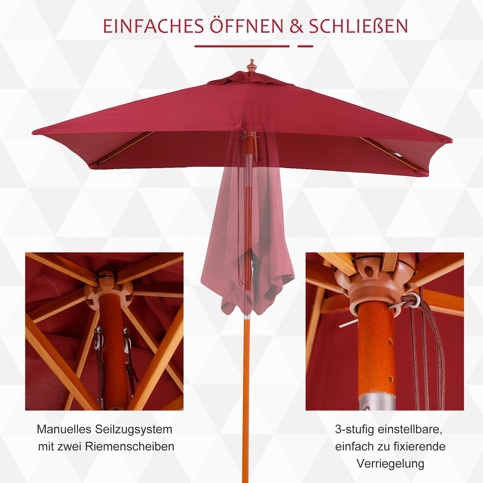 Parasol 200 x 150 x 235 cm Tiltable Garden Umbrella 3-stage adjustable rectangular Beach Umbrella water-repellent and UV-resistant for Beach Balcony Terrace Garden Wine Red