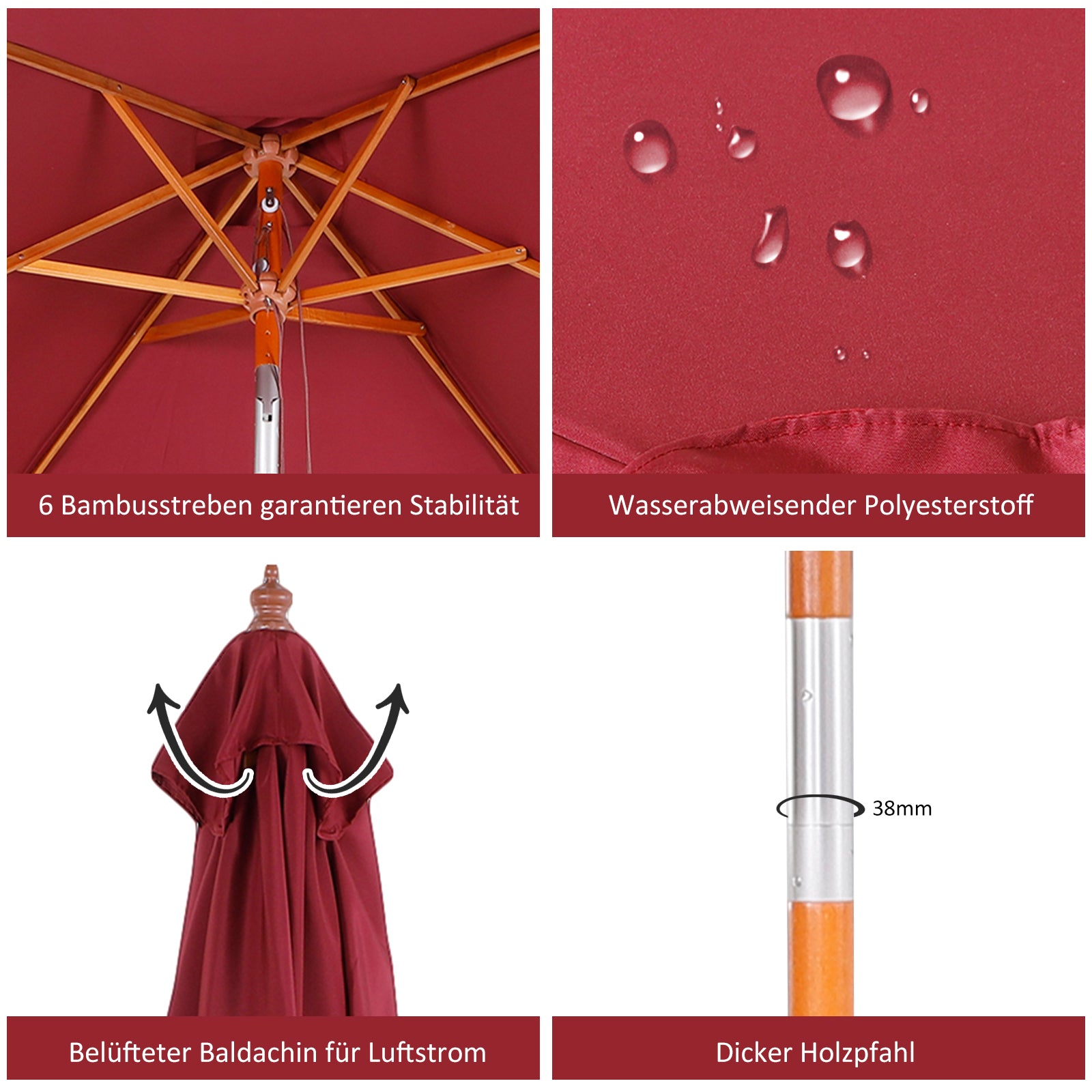 Parasol 200 x 150 x 235 cm Tiltable Garden Umbrella 3-stage adjustable rectangular Beach Umbrella water-repellent and UV-resistant for Beach Balcony Terrace Garden Wine Red