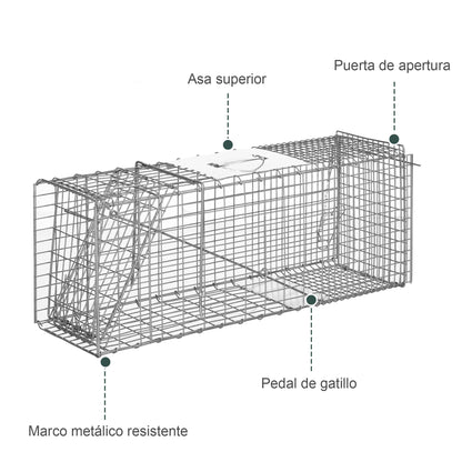 Folding Live Animal Trap 81x26x34.5 cm Wire Capture Cage with Door and Handle for Rabbits Cats Rats Rodents Silver
