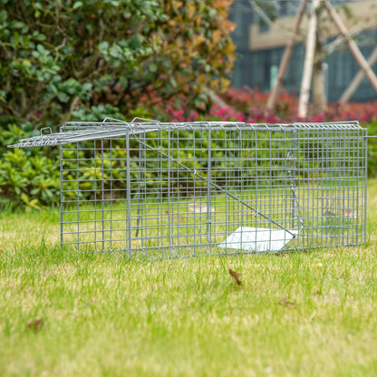 Folding Live Animal Trap 81x26x34.5 cm Wire Capture Cage with Door and Handle for Rabbits Cats Rats Rodents Silver