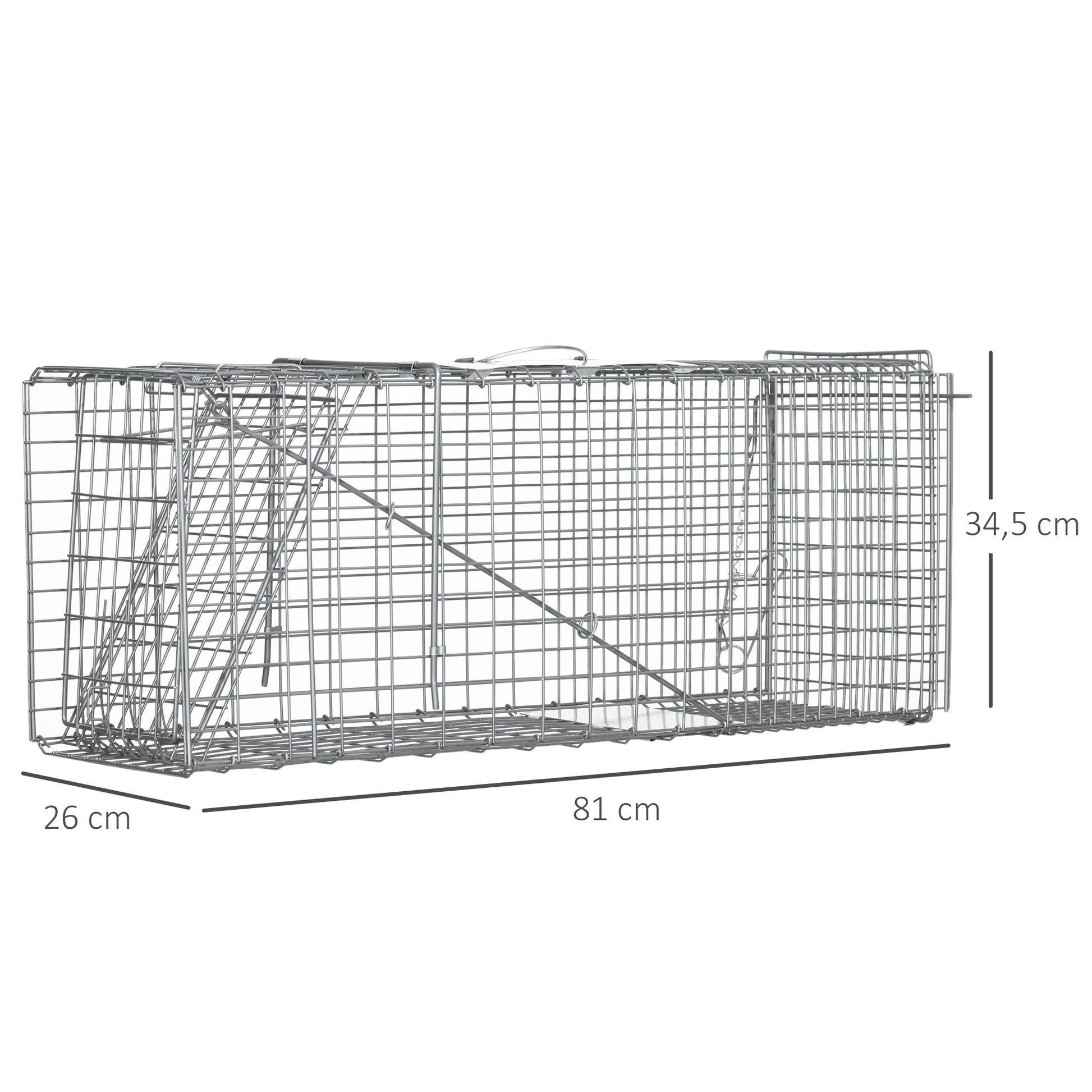 Folding Live Animal Trap 81x26x34.5 cm Wire Capture Cage with Door and Handle for Rabbits Cats Rats Rodents Silver