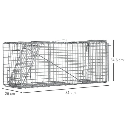 Folding Live Animal Trap 81x26x34.5 cm Wire Capture Cage with Door and Handle for Rabbits Cats Rats Rodents Silver