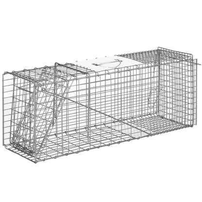 Folding Live Animal Trap 81x26x34.5 cm Wire Capture Cage with Door and Handle for Rabbits Cats Rats Rodents Silver