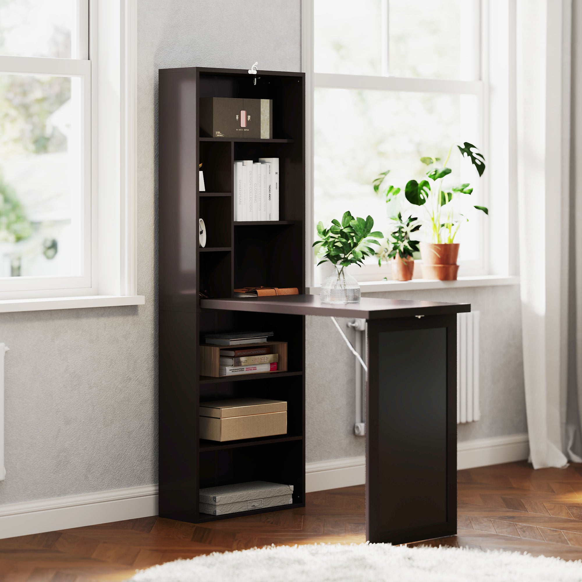 Folding Computer Desk, Desk with Storage, Foldable Wall Table with Bookshelf, Workstation, Chalkboard, and Adjustable Shelf, Brown