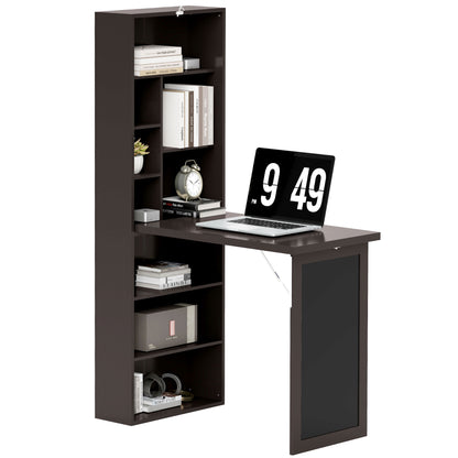 Folding Computer Desk, Desk with Storage, Foldable Wall Table with Bookshelf, Workstation, Chalkboard, and Adjustable Shelf, Brown
