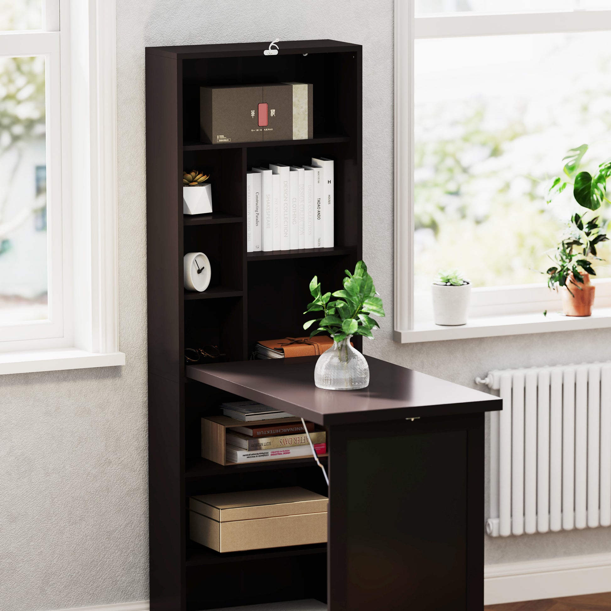 Folding Computer Desk, Desk with Storage, Foldable Wall Table with Bookshelf, Workstation, Chalkboard, and Adjustable Shelf, Brown