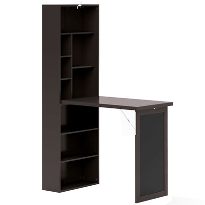 Folding Computer Desk, Desk with Storage, Foldable Wall Table with Bookshelf, Workstation, Chalkboard, and Adjustable Shelf, Brown