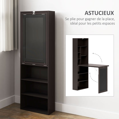 Folding Computer Desk, Desk with Storage, Foldable Wall Table with Bookshelf, Workstation, Chalkboard, and Adjustable Shelf, Brown