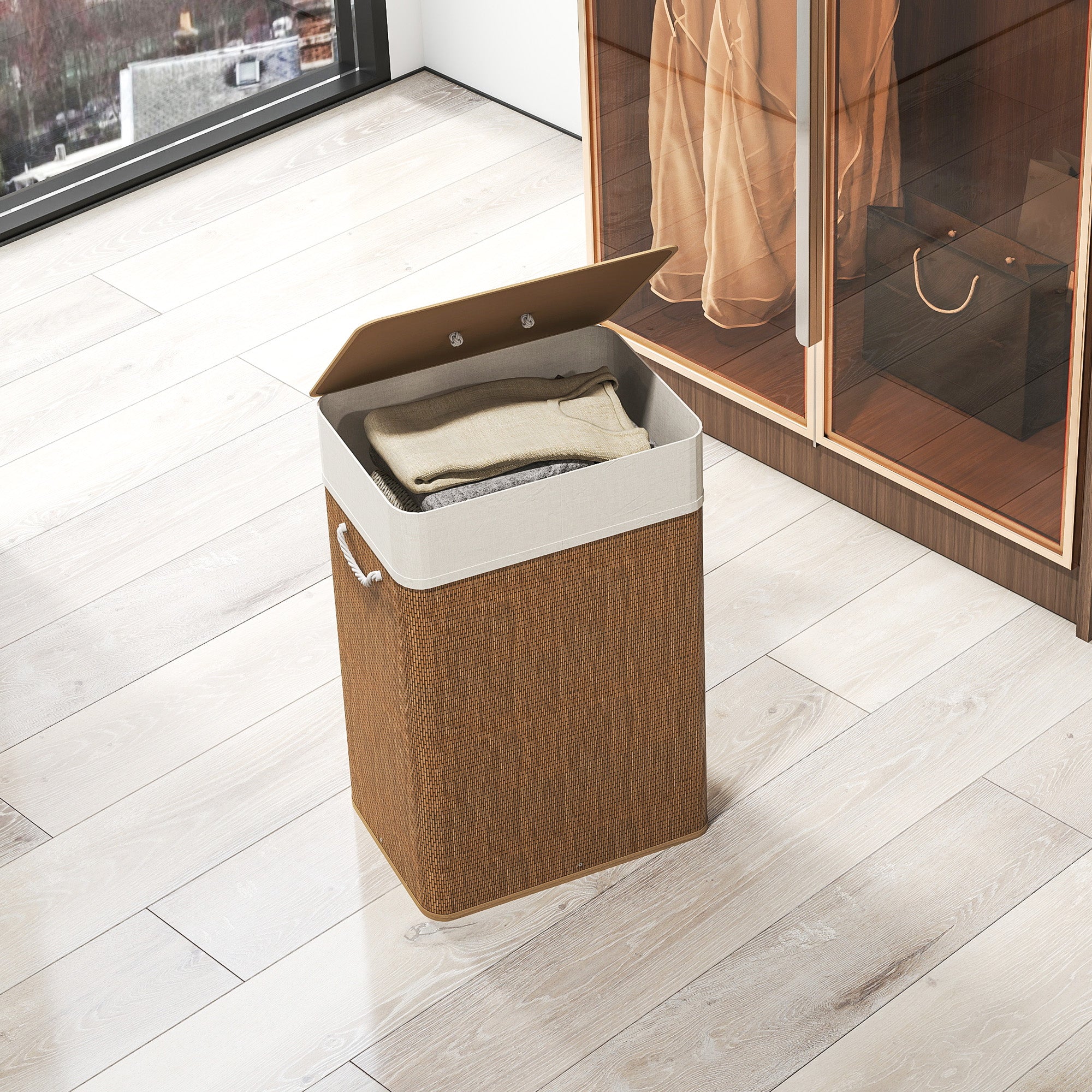 Bamboo Laundry Basket with Lid 72L Laundry Collector with Rope Handles, Removable Laundry Bag, Laundry Baskets Laundry Sorter for Laundry Room Bedroom Bathroom Brown