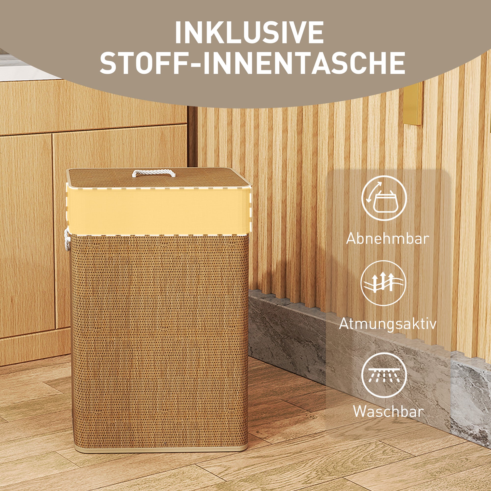 Bamboo Laundry Basket with Lid 72L Laundry Collector with Rope Handles, Removable Laundry Bag, Laundry Baskets Laundry Sorter for Laundry Room Bedroom Bathroom Brown