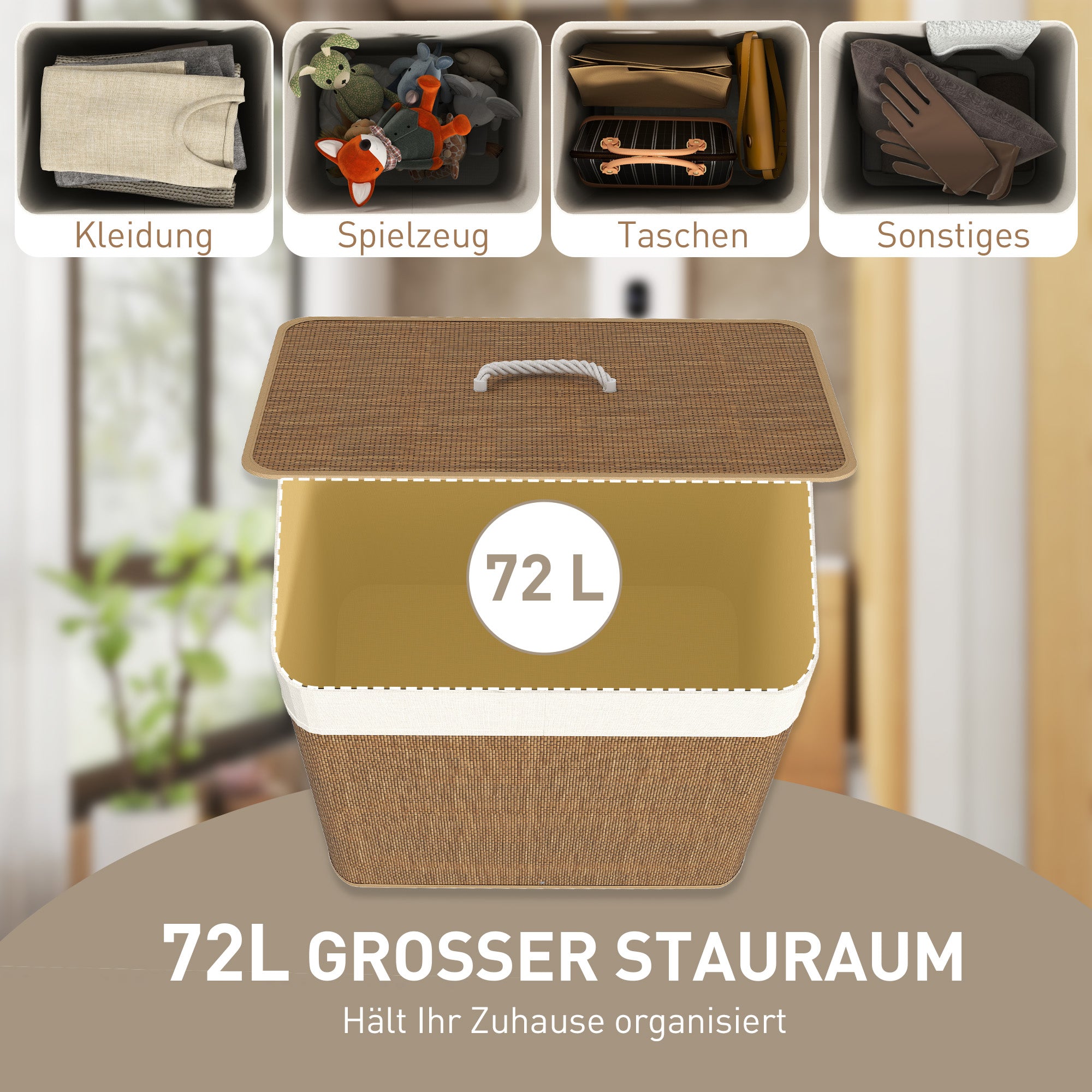 Bamboo Laundry Basket with Lid 72L Laundry Collector with Rope Handles, Removable Laundry Bag, Laundry Baskets Laundry Sorter for Laundry Room Bedroom Bathroom Brown