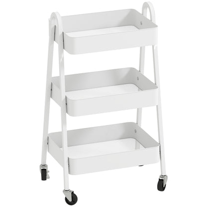 Three-Tier Serving Cart with Wheels Handle Rolling Cart with Brake Kitchen Shelf Kitchen Trolley Multipurpose Cart for Kitchen Office Bathroom, White
