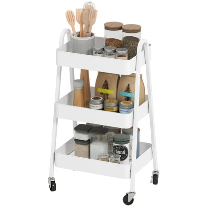 Three-Tier Serving Cart with Wheels Handle Rolling Cart with Brake Kitchen Shelf Kitchen Trolley Multipurpose Cart for Kitchen Office Bathroom, White