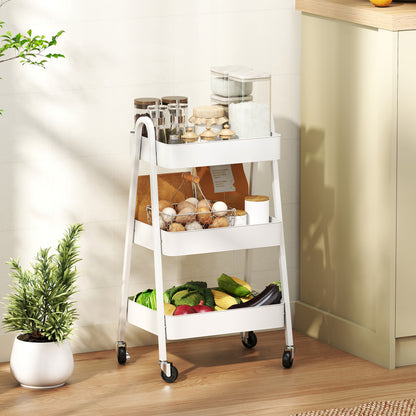 Three-Tier Serving Cart with Wheels Handle Rolling Cart with Brake Kitchen Shelf Kitchen Trolley Multipurpose Cart for Kitchen Office Bathroom, White