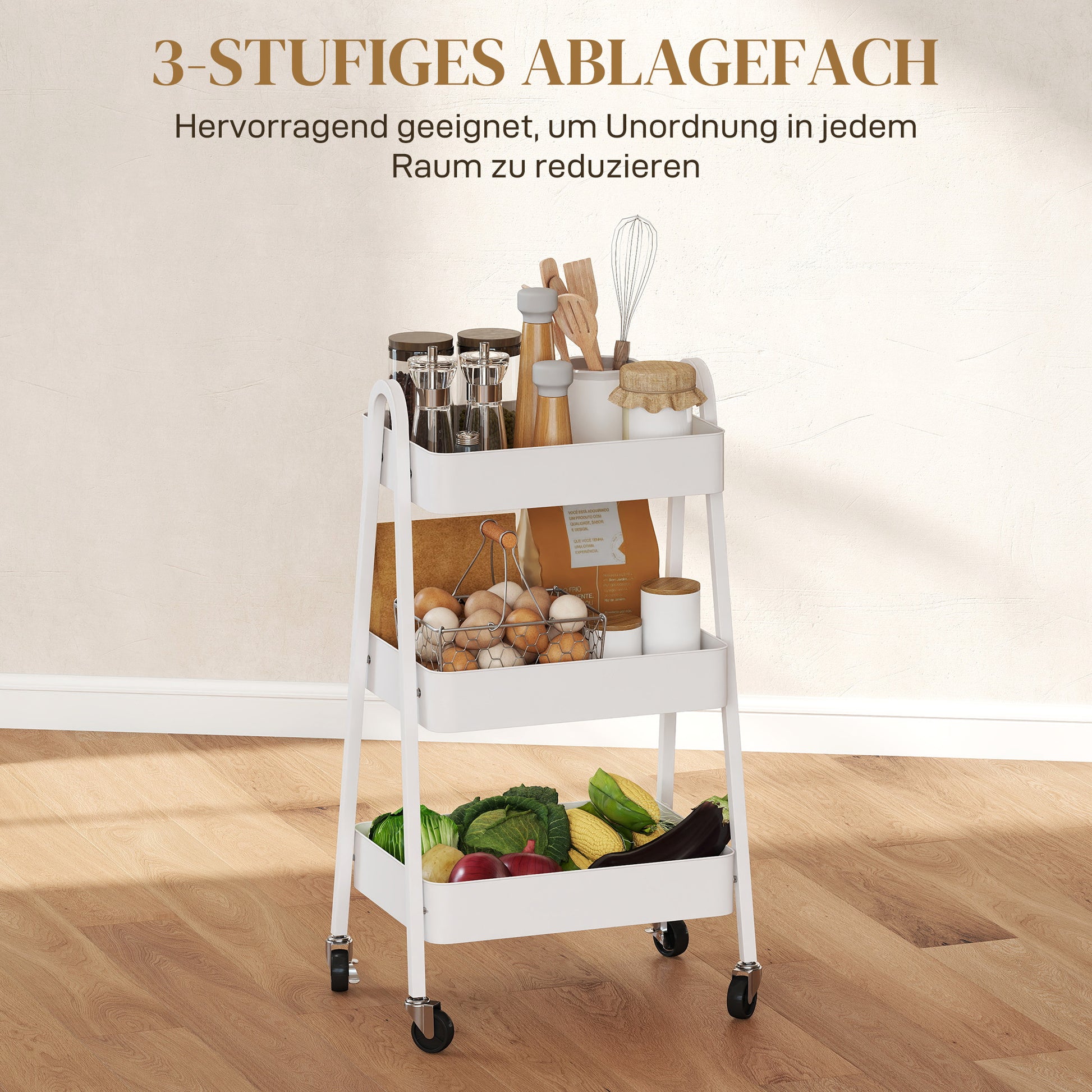 Three-Tier Serving Cart with Wheels Handle Rolling Cart with Brake Kitchen Shelf Kitchen Trolley Multipurpose Cart for Kitchen Office Bathroom, White