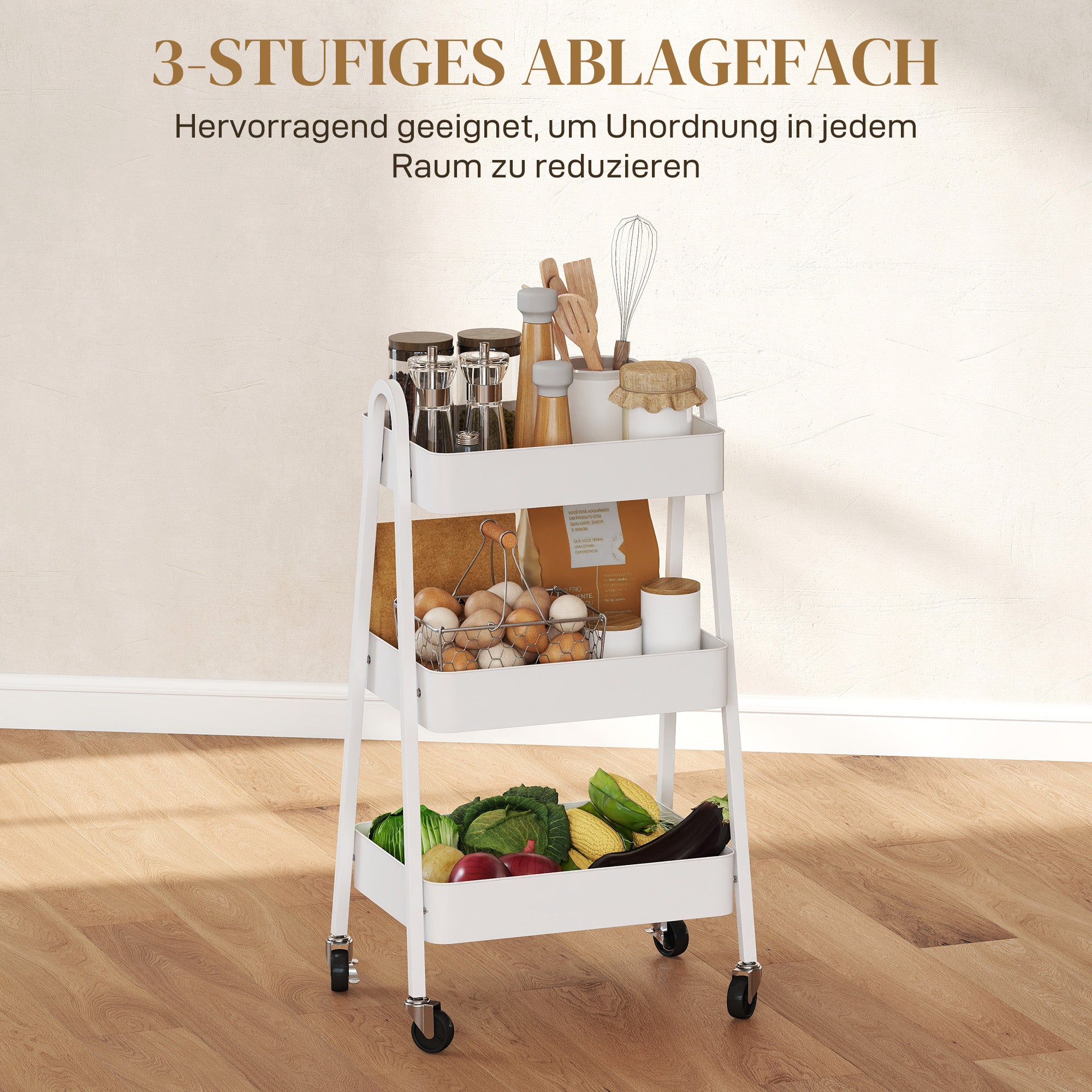 Three-Tier Serving Cart with Wheels Handle Rolling Cart with Brake Kitchen Shelf Kitchen Trolley Multipurpose Cart for Kitchen Office Bathroom, White