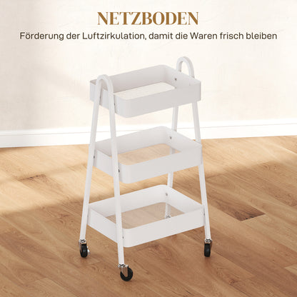 Three-Tier Serving Cart with Wheels Handle Rolling Cart with Brake Kitchen Shelf Kitchen Trolley Multipurpose Cart for Kitchen Office Bathroom, White