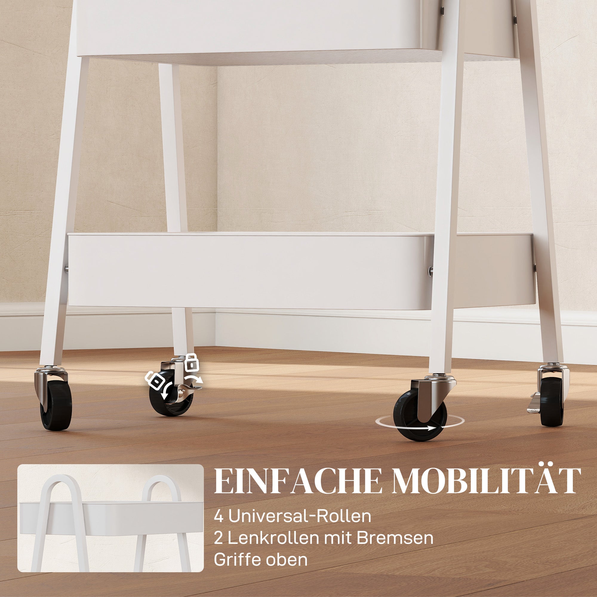 Three-Tier Serving Cart with Wheels Handle Rolling Cart with Brake Kitchen Shelf Kitchen Trolley Multipurpose Cart for Kitchen Office Bathroom, White