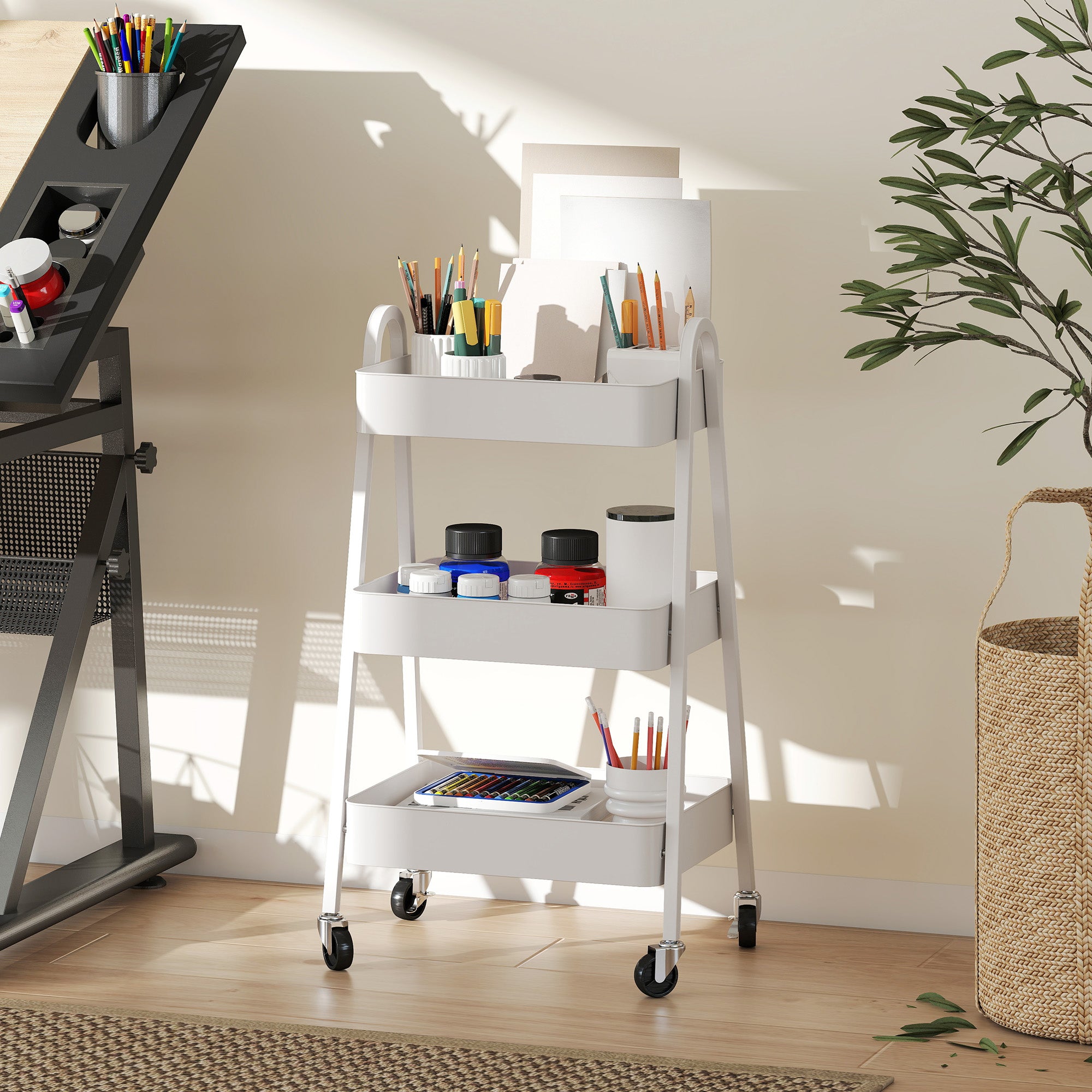 Three-Tier Serving Cart with Wheels Handle Rolling Cart with Brake Kitchen Shelf Kitchen Trolley Multipurpose Cart for Kitchen Office Bathroom, White