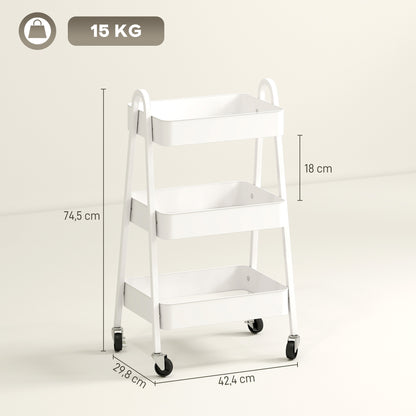 Three-Tier Serving Cart with Wheels Handle Rolling Cart with Brake Kitchen Shelf Kitchen Trolley Multipurpose Cart for Kitchen Office Bathroom, White
