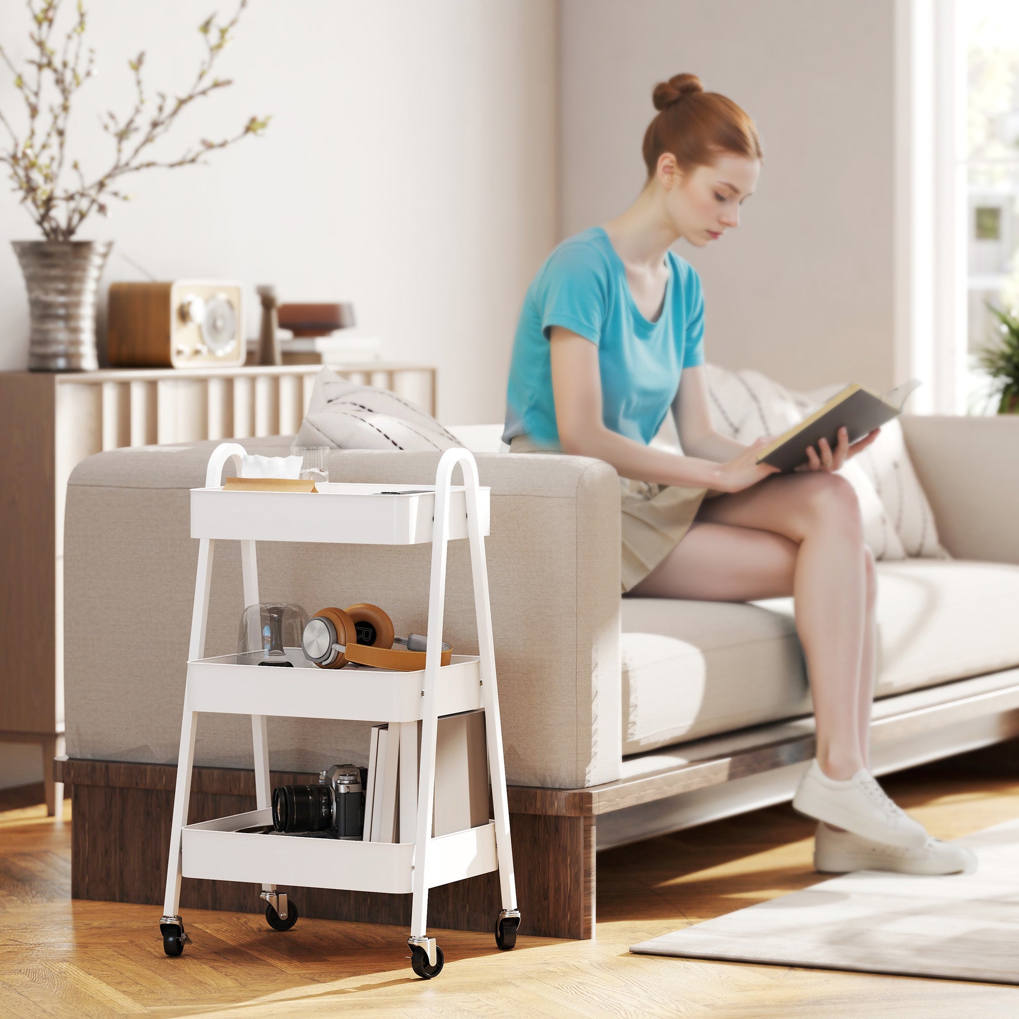 Three-Tier Serving Cart with Wheels Handle Rolling Cart with Brake Kitchen Shelf Kitchen Trolley Multipurpose Cart for Kitchen Office Bathroom, White