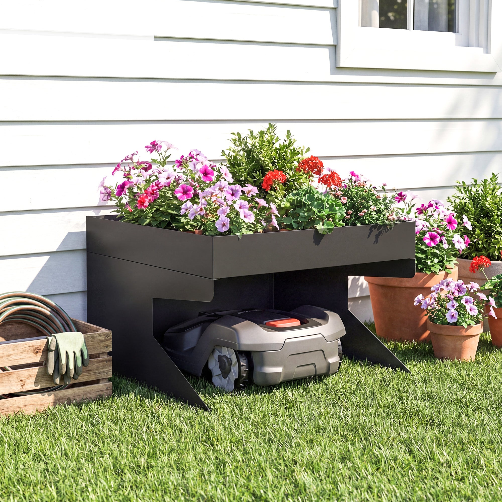 Robot Mower Garage, Galvanized Steel, 75 x 70 x 46 cm (29.5 x 27.6 x 18.1 in) with Planter – Black