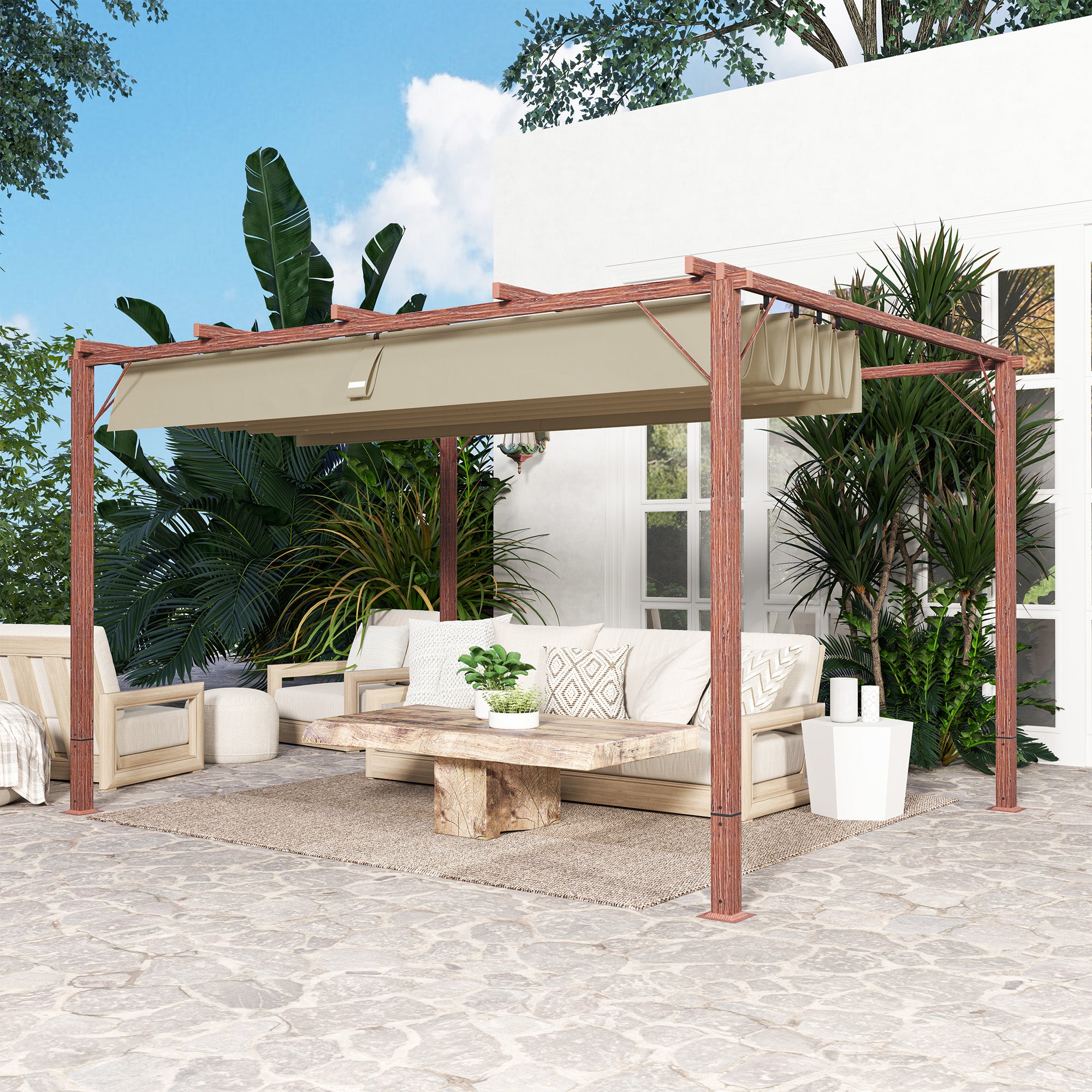 Pergola approx. 3x4m Garden Pavilion with Magnetic Pad, Aluminum Terrace Roof, Garden Pavilion with Adjustable Roof, Freestanding, UV Protection 30+, for Terrace and Garden, Natural Wood