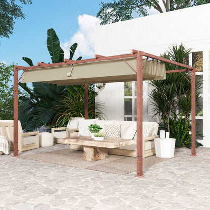 Pergola approx. 3x4m Garden Pavilion with Magnetic Pad, Aluminum Terrace Roof, Garden Pavilion with Adjustable Roof, Freestanding, UV Protection 30+, for Terrace and Garden, Natural Wood