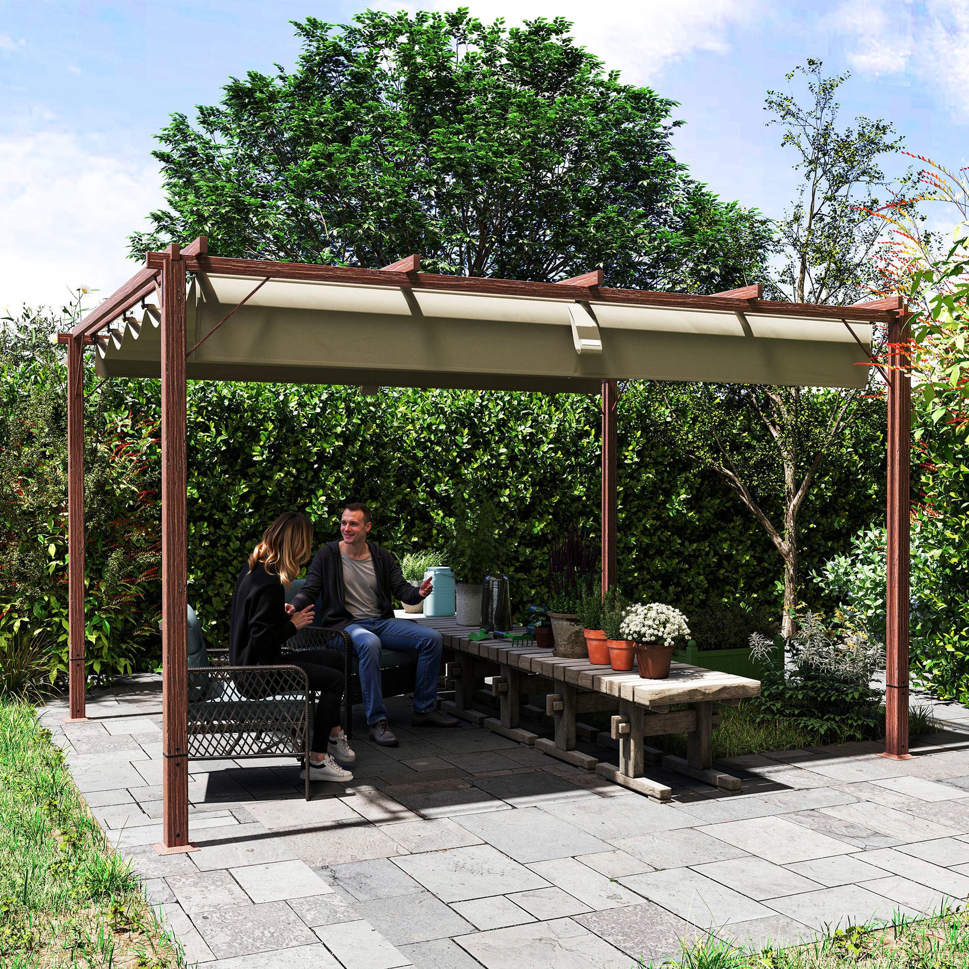 Pergola approx. 3x4m Garden Pavilion with Magnetic Pad, Aluminum Terrace Roof, Garden Pavilion with Adjustable Roof, Freestanding, UV Protection 30+, for Terrace and Garden, Natural Wood