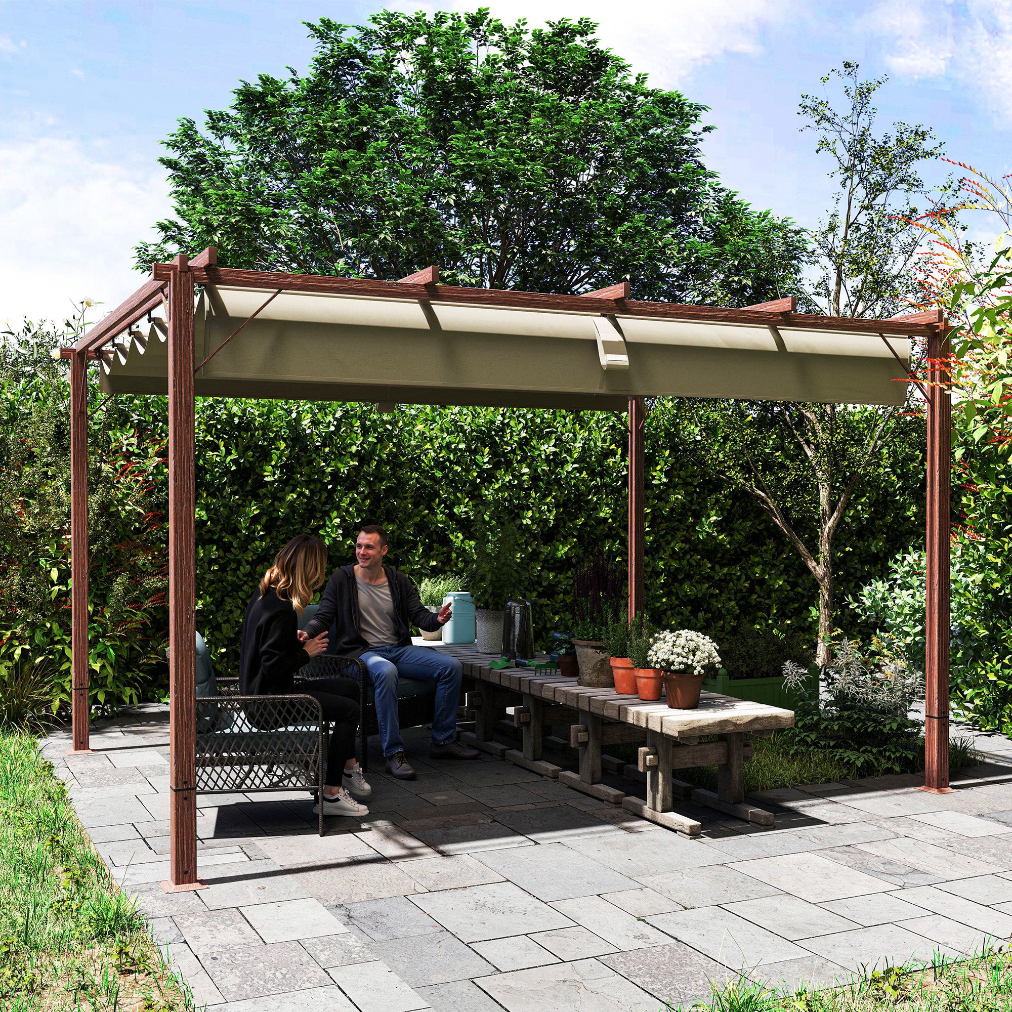 Pergola approx. 3x4m Garden Pavilion with Magnetic Pad, Aluminum Terrace Roof, Garden Pavilion with Adjustable Roof, Freestanding, UV Protection 30+, for Terrace and Garden, Natural Wood