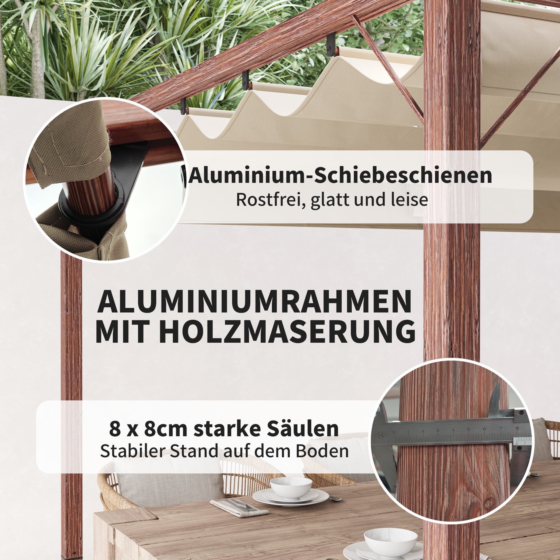 Pergola approx. 3x4m Garden Pavilion with Magnetic Pad, Aluminum Terrace Roof, Garden Pavilion with Adjustable Roof, Freestanding, UV Protection 30+, for Terrace and Garden, Natural Wood