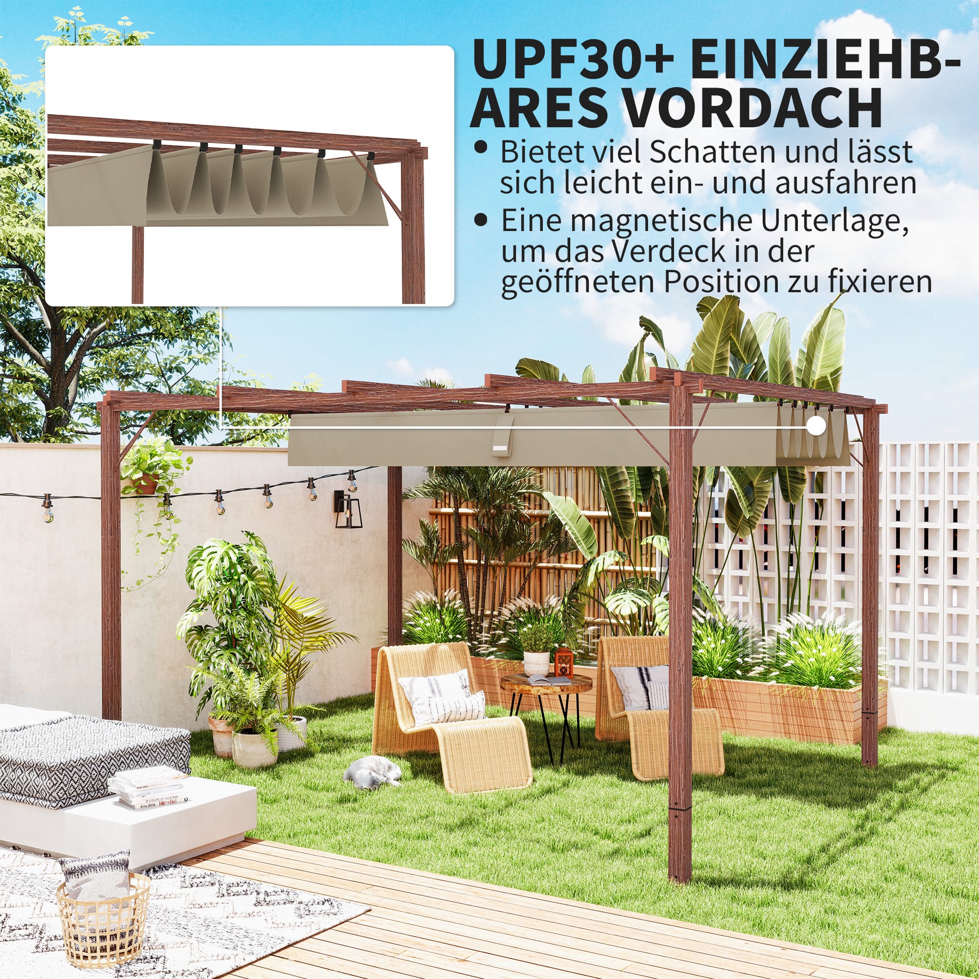 Pergola approx. 3x4m Garden Pavilion with Magnetic Pad, Aluminum Terrace Roof, Garden Pavilion with Adjustable Roof, Freestanding, UV Protection 30+, for Terrace and Garden, Natural Wood
