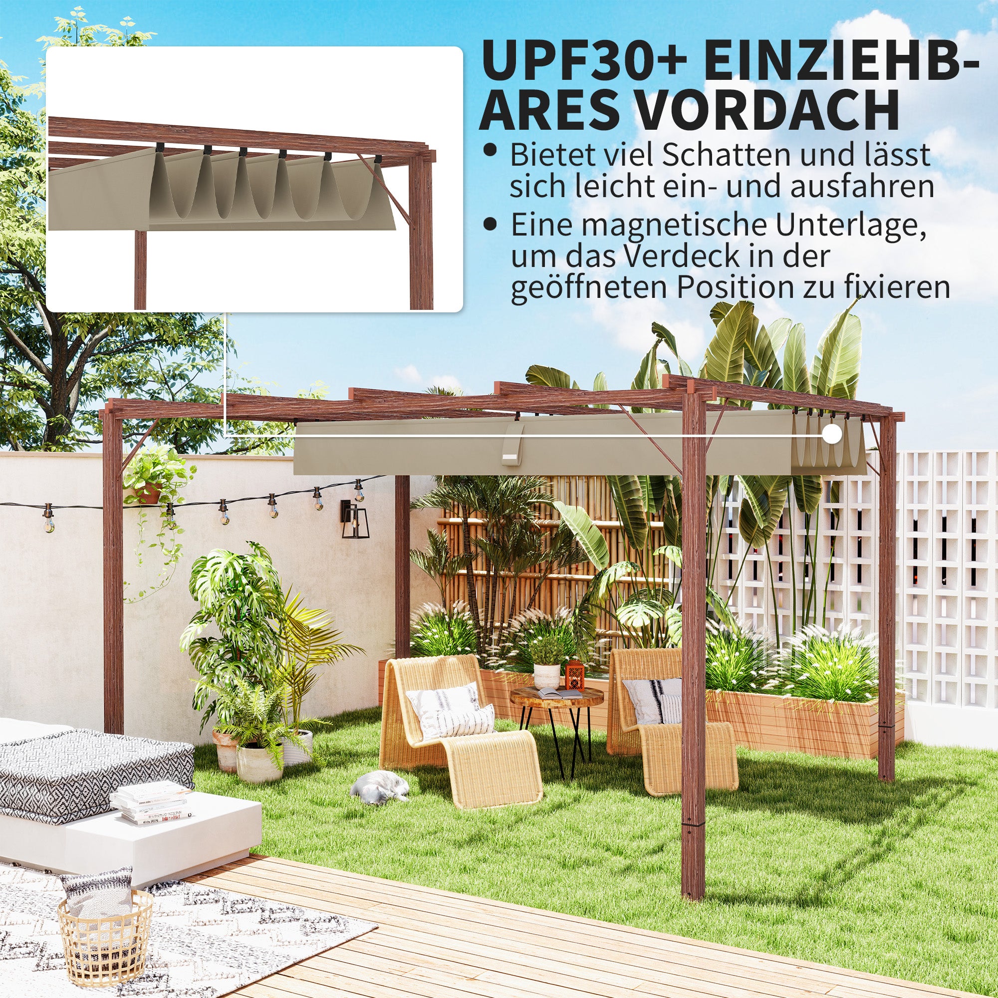 Pergola approx. 3x4m Garden Pavilion with Magnetic Pad, Aluminum Terrace Roof, Garden Pavilion with Adjustable Roof, Freestanding, UV Protection 30+, for Terrace and Garden, Natural Wood