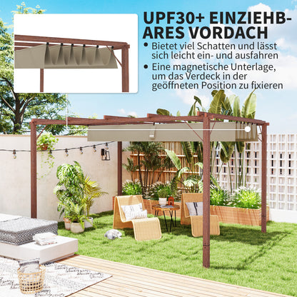 Pergola approx. 3x4m Garden Pavilion with Magnetic Pad, Aluminum Terrace Roof, Garden Pavilion with Adjustable Roof, Freestanding, UV Protection 30+, for Terrace and Garden, Natural Wood