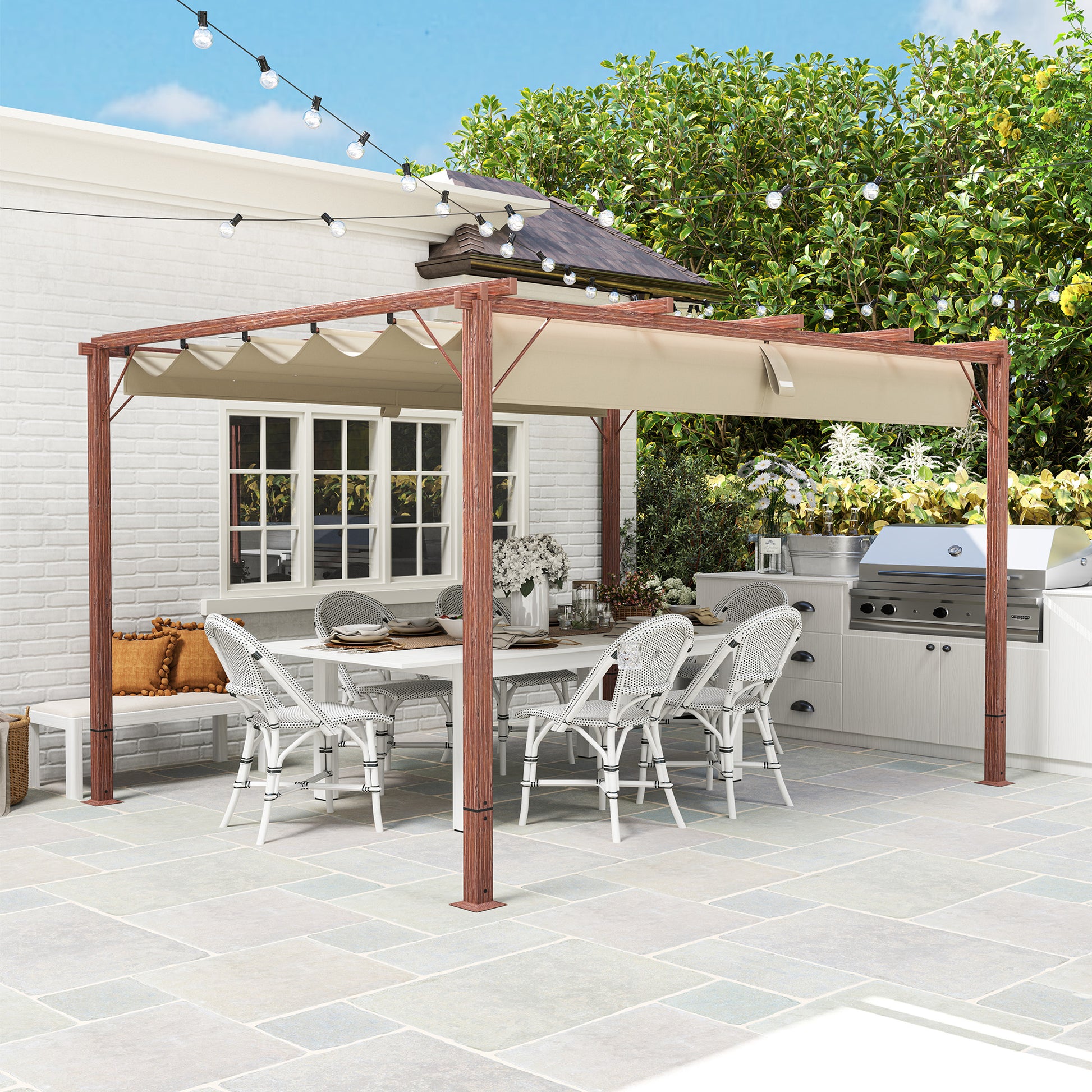 Pergola approx. 3x4m Garden Pavilion with Magnetic Pad, Aluminum Terrace Roof, Garden Pavilion with Adjustable Roof, Freestanding, UV Protection 30+, for Terrace and Garden, Natural Wood