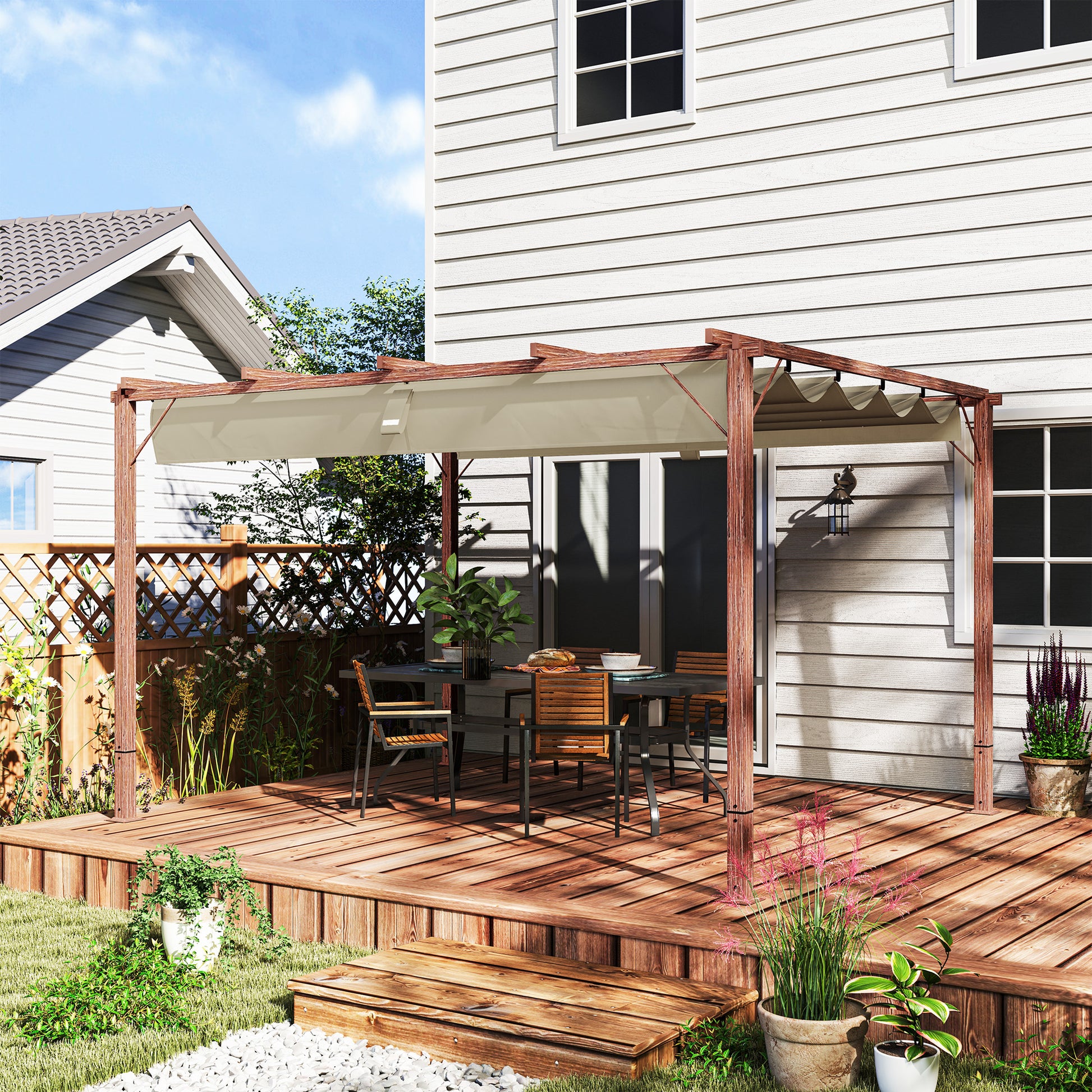 Pergola approx. 3x4m Garden Pavilion with Magnetic Pad, Aluminum Terrace Roof, Garden Pavilion with Adjustable Roof, Freestanding, UV Protection 30+, for Terrace and Garden, Natural Wood