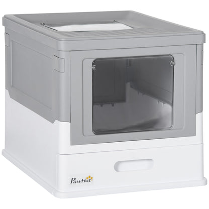 Cat Litter Box with Lid, Hooded Cat Toilet with Scoop, Pull-out Tray, Cat Toilet for Cats up to 5 kg 47.5 x 35.5 x 36.7 cm White+Gray