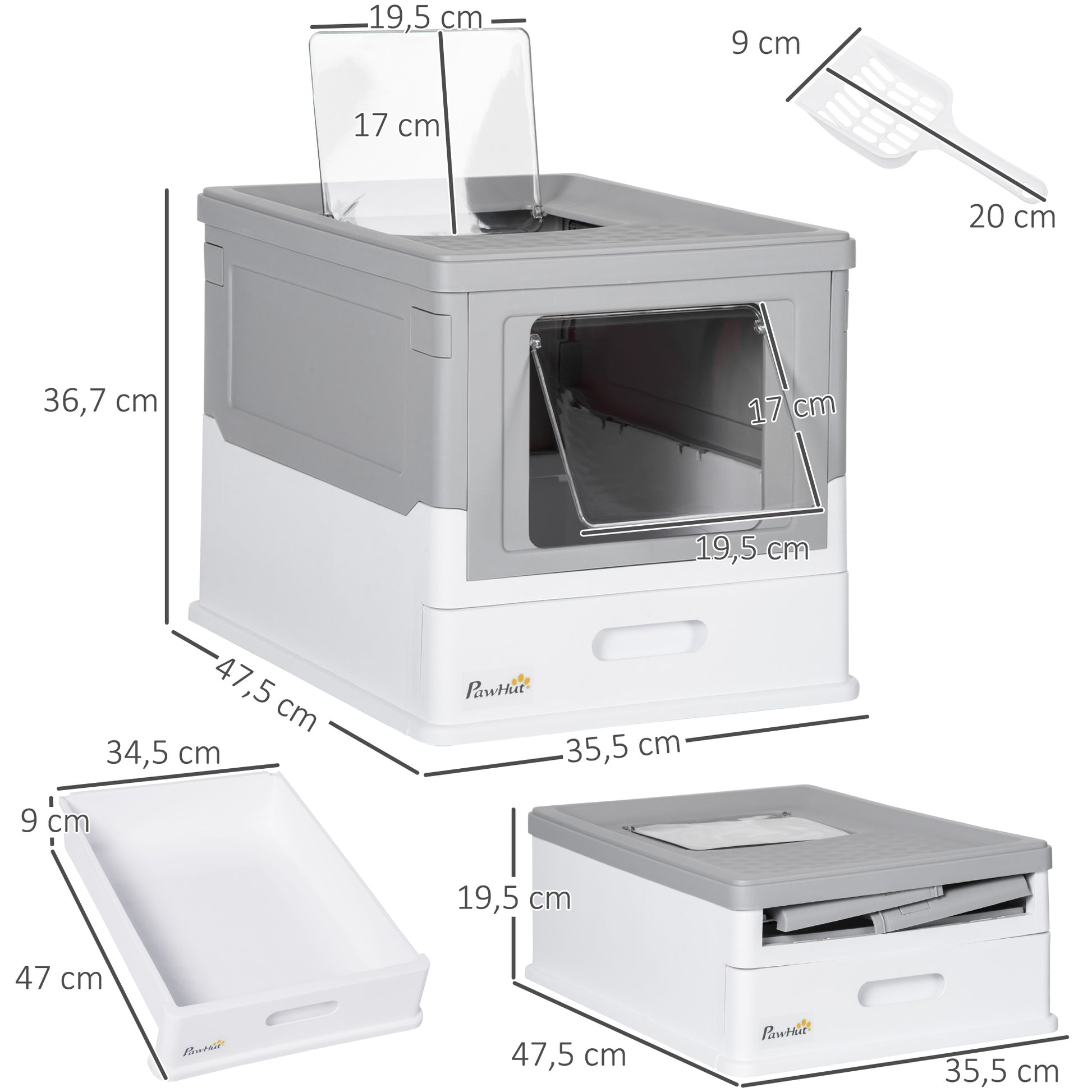 Cat Litter Box with Lid, Hooded Cat Toilet with Scoop, Pull-out Tray, Cat Toilet for Cats up to 5 kg 47.5 x 35.5 x 36.7 cm White+Gray