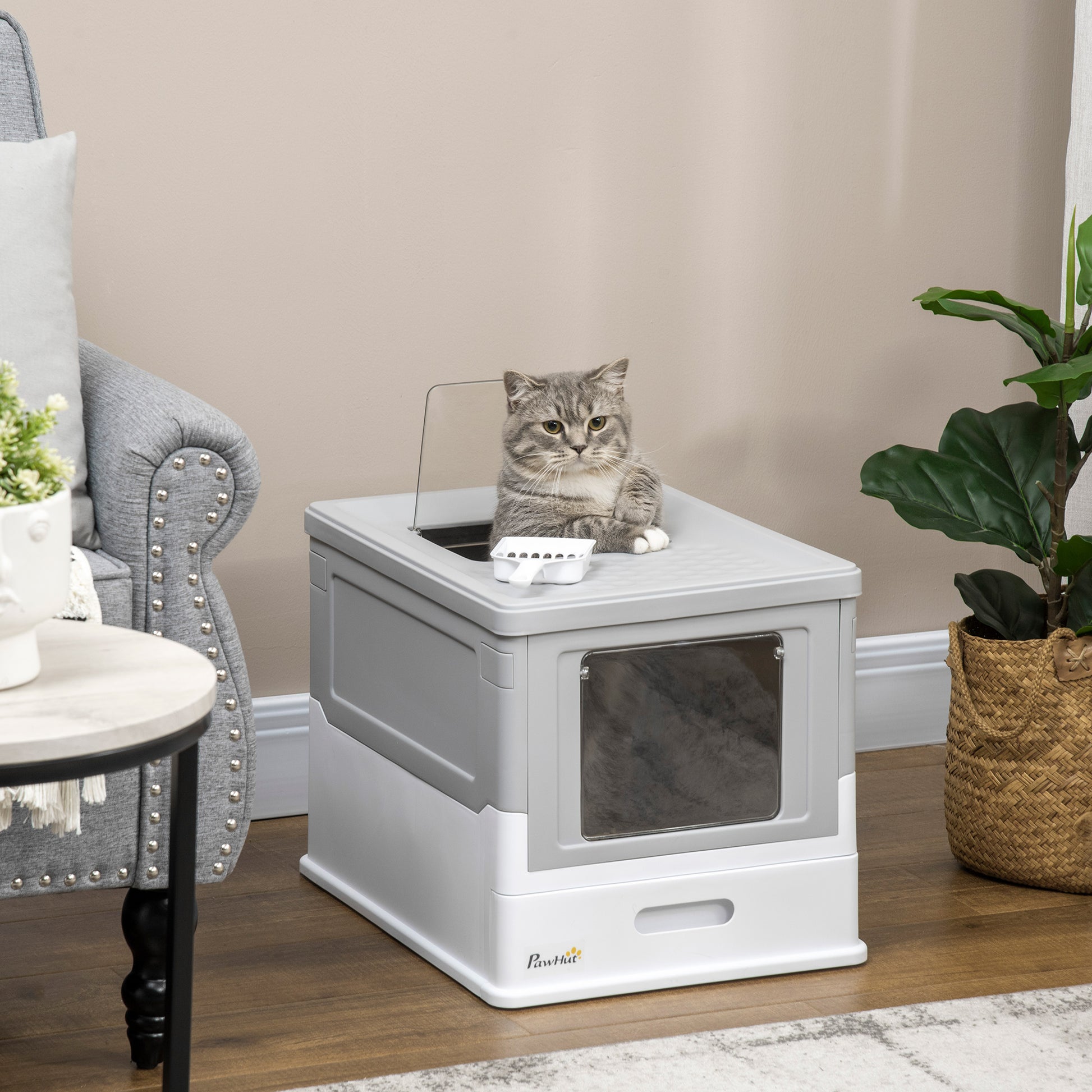 Cat Litter Box with Lid, Hooded Cat Toilet with Scoop, Pull-out Tray, Cat Toilet for Cats up to 5 kg 47.5 x 35.5 x 36.7 cm White+Gray
