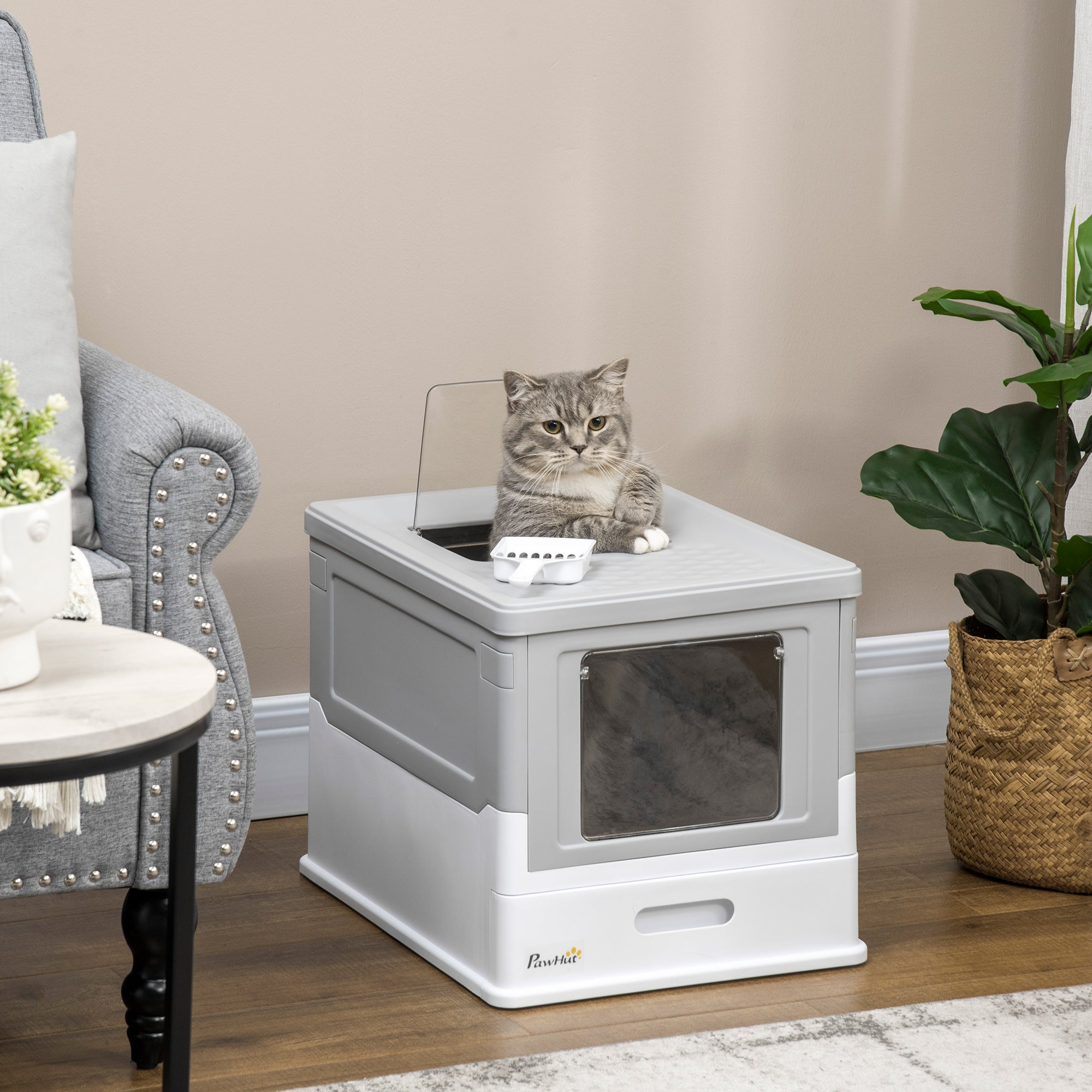 Cat Litter Box with Lid, Hooded Cat Toilet with Scoop, Pull-out Tray, Cat Toilet for Cats up to 5 kg 47.5 x 35.5 x 36.7 cm White+Gray