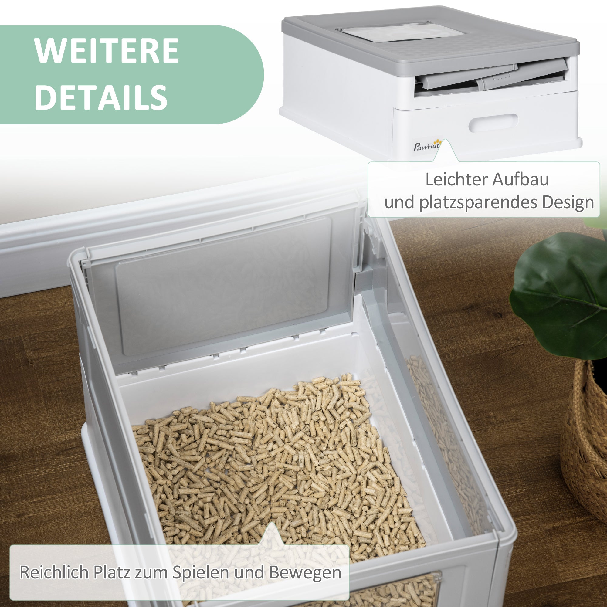 Cat Litter Box with Lid, Hooded Cat Toilet with Scoop, Pull-out Tray, Cat Toilet for Cats up to 5 kg 47.5 x 35.5 x 36.7 cm White+Gray