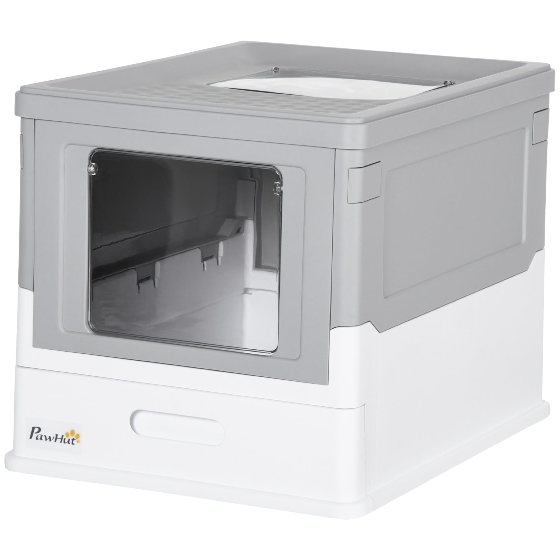 Cat Litter Box with Lid, Hooded Cat Toilet with Scoop, Pull-out Tray, Cat Toilet for Cats up to 5 kg 47.5 x 35.5 x 36.7 cm White+Gray