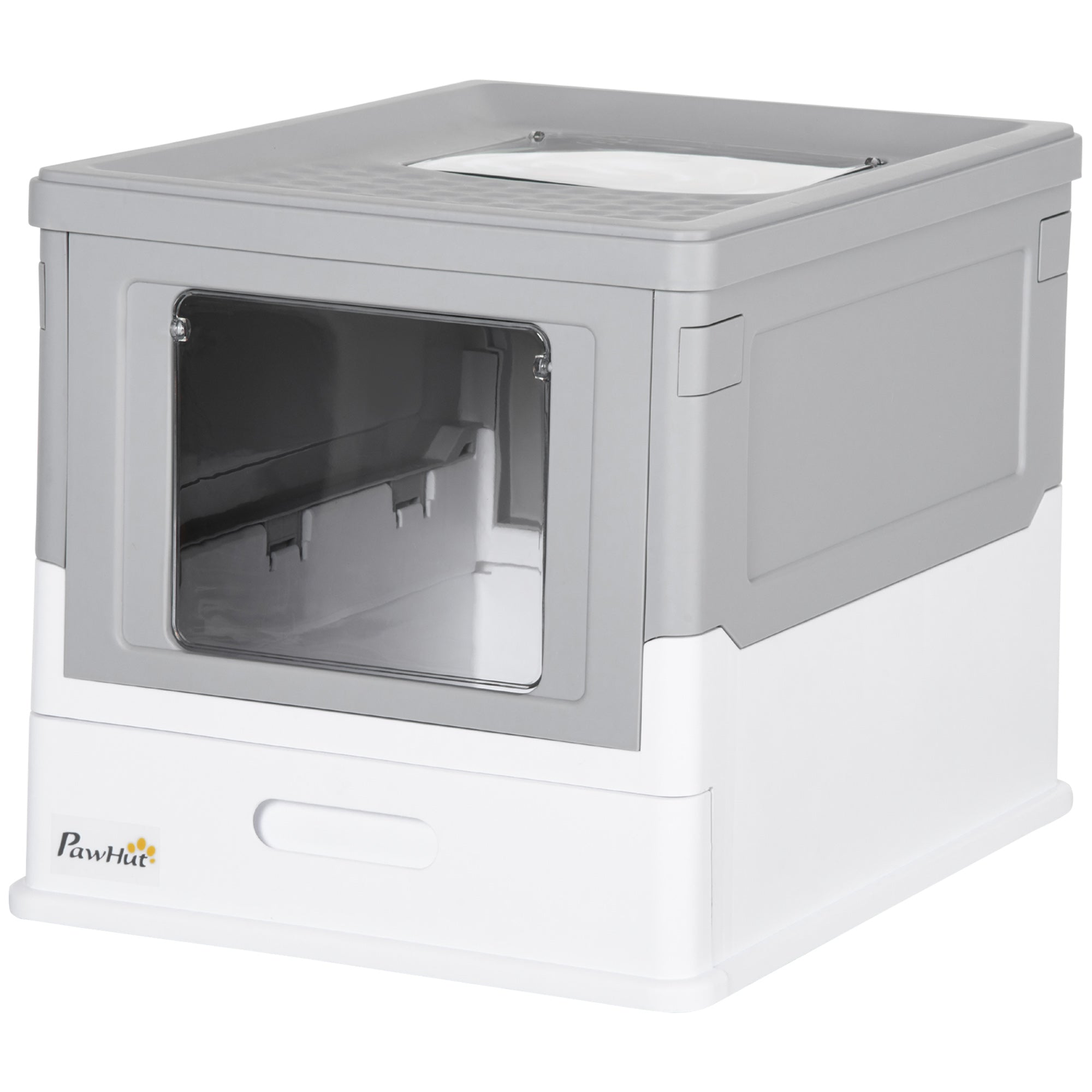 Cat Litter Box with Lid, Hooded Cat Toilet with Scoop, Pull-out Tray, Cat Toilet for Cats up to 5 kg 47.5 x 35.5 x 36.7 cm White+Gray