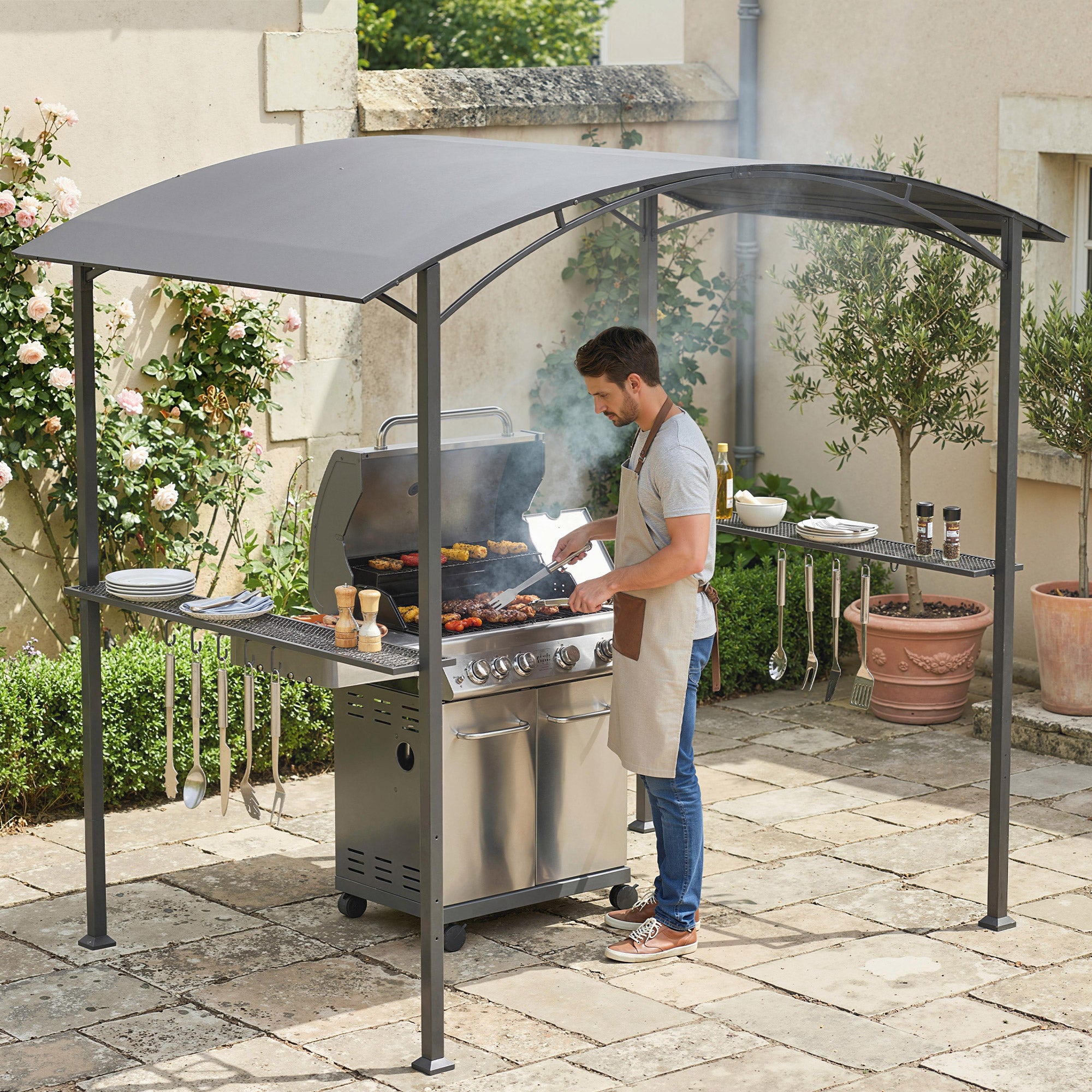 BBQ Shelter Gazebo 245 x 152 x 218 cm Steel with Side Shelves & Hooks — Outdoor Barbecue Canopy for Patio, Garden, Yard, Dark Gray