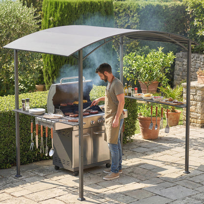 BBQ Shelter Gazebo 245 x 152 x 218 cm Steel with Side Shelves & Hooks — Outdoor Barbecue Canopy for Patio, Garden, Yard, Dark Gray