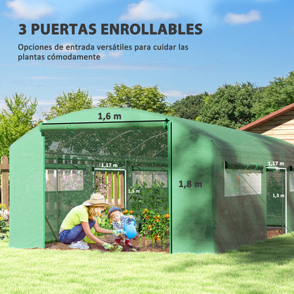 Outdoor Greenhouse 6x3x2 m Tunnel Greenhouse with 6 Mesh Windows Anti-UV PE Cover and 3 Roll-Up Zipper Doors Green Garden Patio Greenhouse
