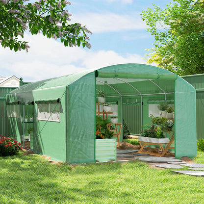 Outdoor Greenhouse 6x3x2 m Tunnel Greenhouse with 6 Mesh Windows Anti-UV PE Cover and 3 Roll-Up Zipper Doors Green Garden Patio Greenhouse